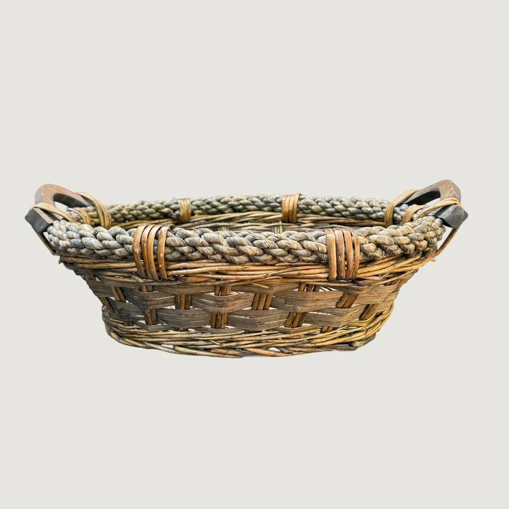 Rustic Woven Wicker Basket with Braided Vine Rim and Wooden Handles Oval Tray